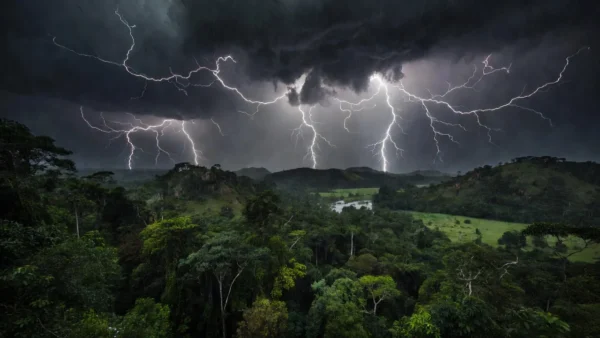 Raios durante tempestade na floresta amazônica de Rondônia