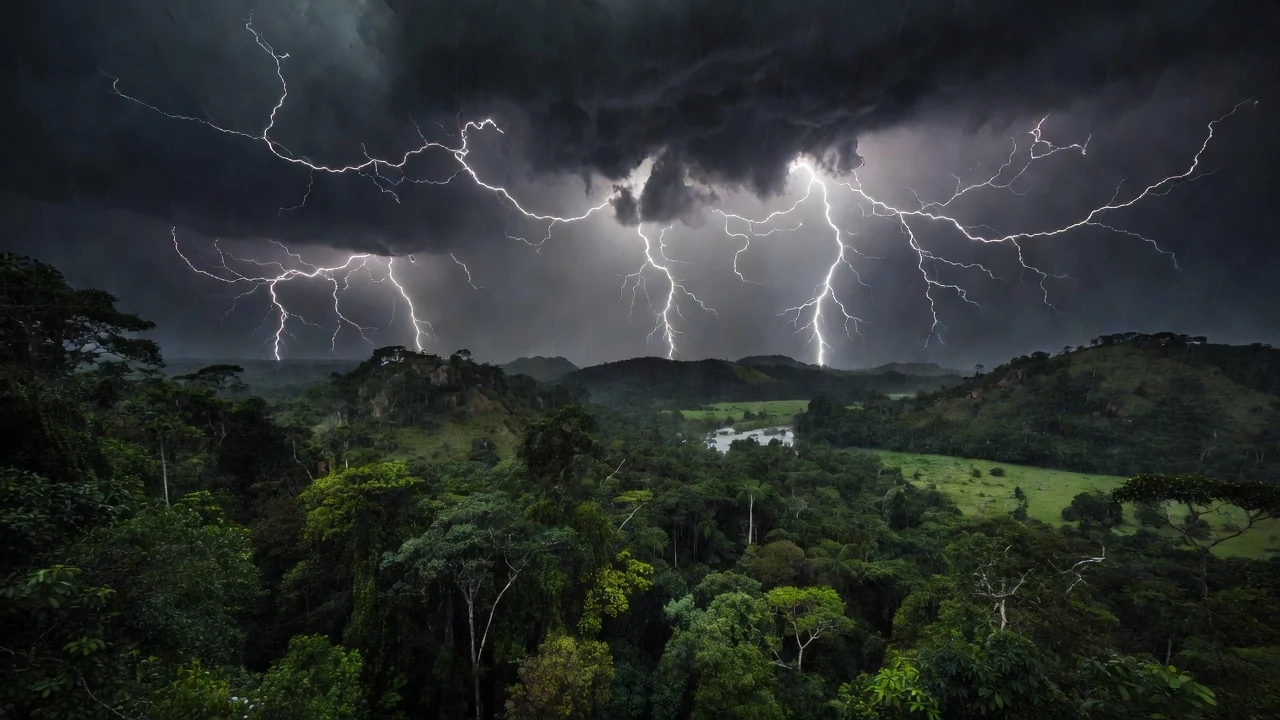 Raios durante tempestade na floresta amazônica de Rondônia