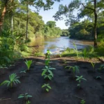 Bosque Beira Rio em Jaru com mudas plantadas após remoção de lixo no Rio Jaru