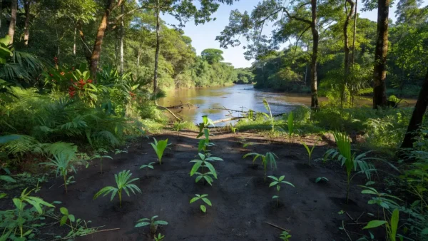 Bosque Beira Rio em Jaru com mudas plantadas após remoção de lixo no Rio Jaru