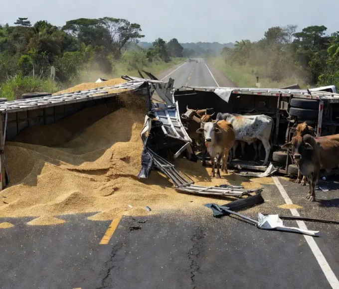 Colisão de carretas com soja e gado tombada na BR-364 em Rondônia