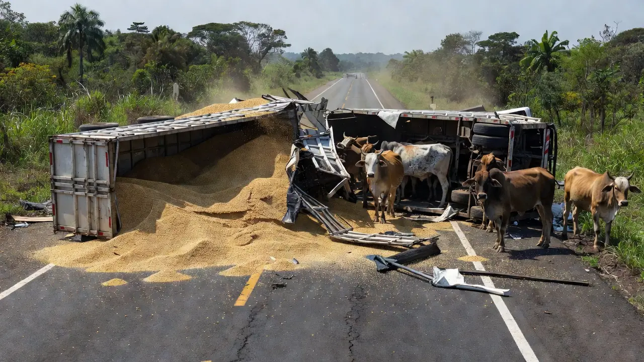 Colisão de carretas com soja e gado tombada na BR-364 em Rondônia