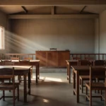 Sala de audiência no fórum de Candeias do Jamari para conciliação judicial