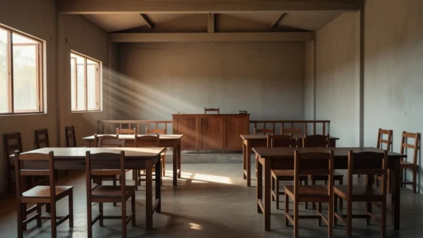 Sala de audiência no fórum de Candeias do Jamari para conciliação judicial