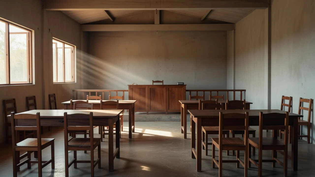 Sala de audiência no fórum de Candeias do Jamari para conciliação judicial