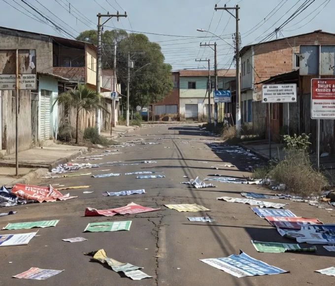 Rua em Porto Velho com materiais de campanha política após confronto