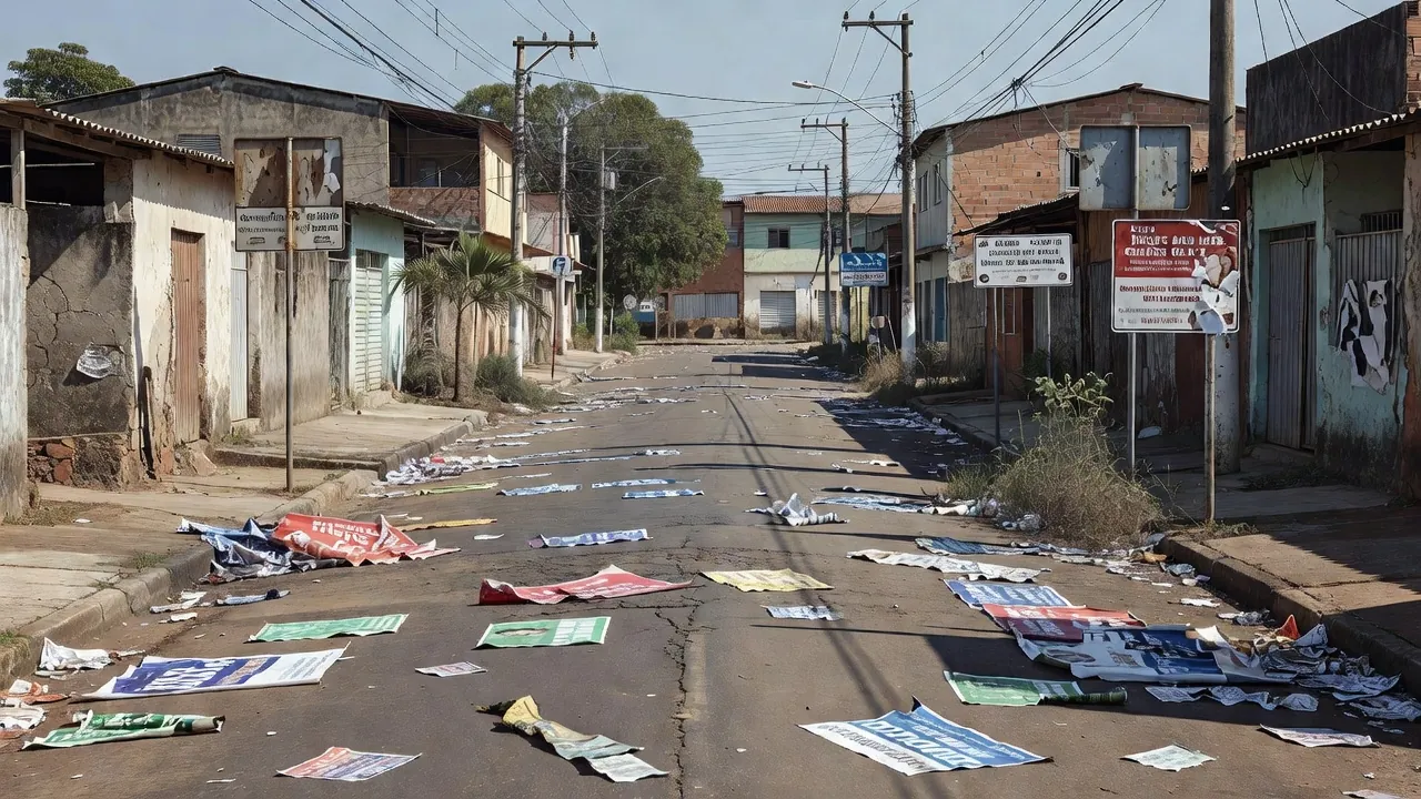Rua em Porto Velho com materiais de campanha política após confronto