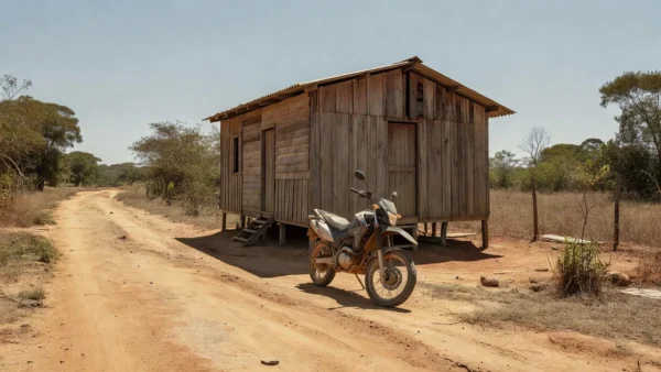 Rua em Monte Negro, Rondônia, com motocicleta em cena documental sobre dívida