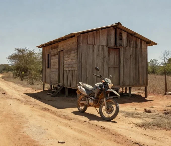 Rua em Monte Negro, Rondônia, com motocicleta em cena documental sobre dívida