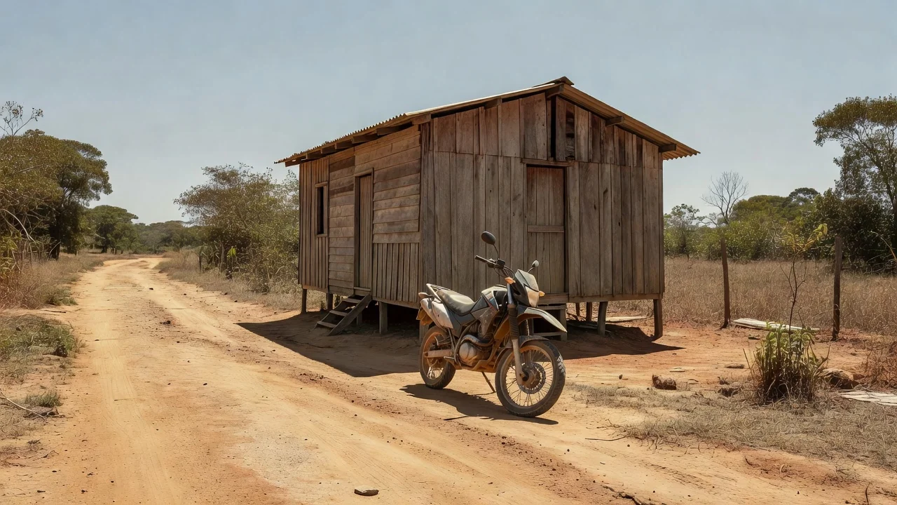 Rua em Monte Negro, Rondônia, com motocicleta em cena documental sobre dívida